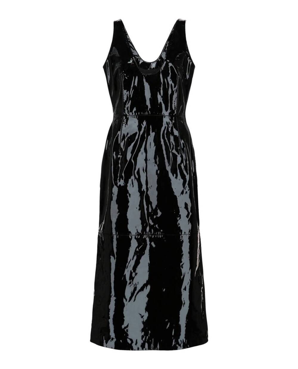 NEW SALVATORE FERRAGAMO women's scoop neck patent leather midi dress in black
